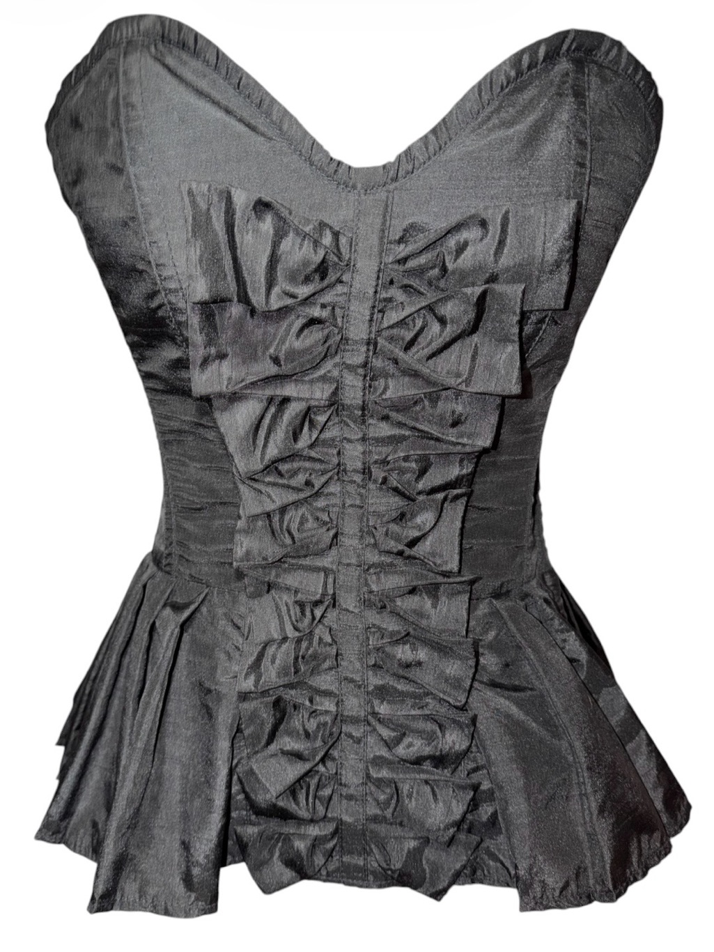 Black Taffeta Steel Boned Corset With Ruffled Sweetheart Neckline & Peplum Waist